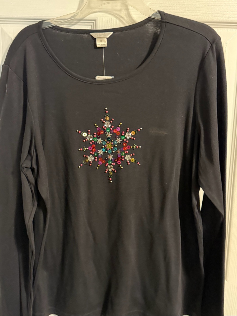 Christopher & Banks Black Long-Sleeve Embellished Snowflake Top